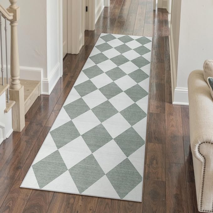 Beeiva Checkered Print Bathroom Runner Rug 2x6, Washable Non Slip Runner Rug for Hallway Ultra Thin Soft 2x6 Capet for Bedroom Decor, Modern Diamond Alfombra for Kitchen Laundry Entryway (Green/White)
