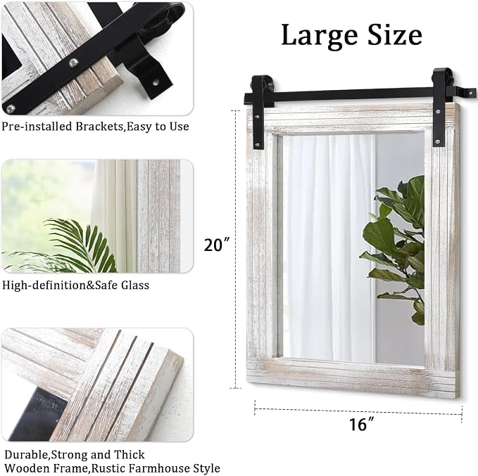 AAZZKANG Mirrors for Wall Rustic Barn Door Mirror with Wood Framed Rectangle Farmhouese Bathroom Mirror Decorative Hanging Mirror for Bedroom Vanity Entryway 20"x16"