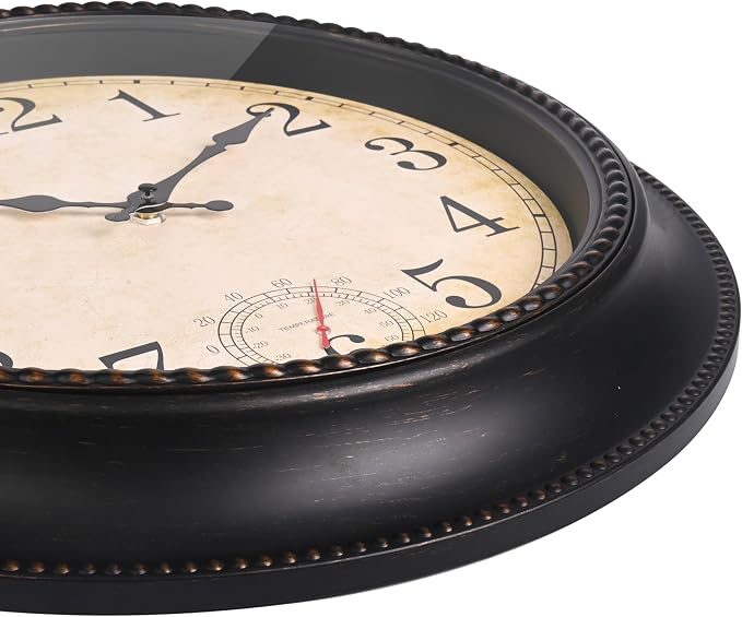 Outdoor Clock 18 Inch Large Wall Clocks with Thermometer for Living Room Patio Pool Garden-Retro Style (Bronze)