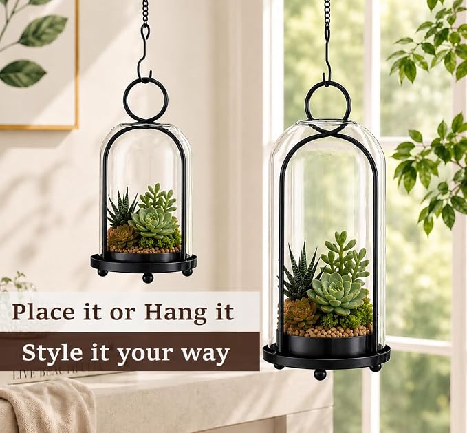 Hurricane Metal Candle Holder Set of 2, 12” & 7.5”, with Handcrafted Glass Dome for Pillar Candle, Plants & 2 Timer Candles for Indoor Outdoor Decor Decorative Table Centerpiece (Black, Set of 2)