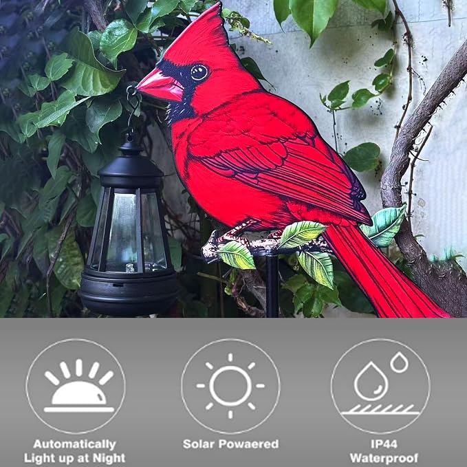 2 Pack Solar Lanterns Outdoor Decor Solar Bule Jay Lanterns Solar Cardinal Redbird Lights Metal Stake Yard Garden Decor Art Figurine Waterproof LED Lights Gifts for Mom Grandma Women (Red Bird)