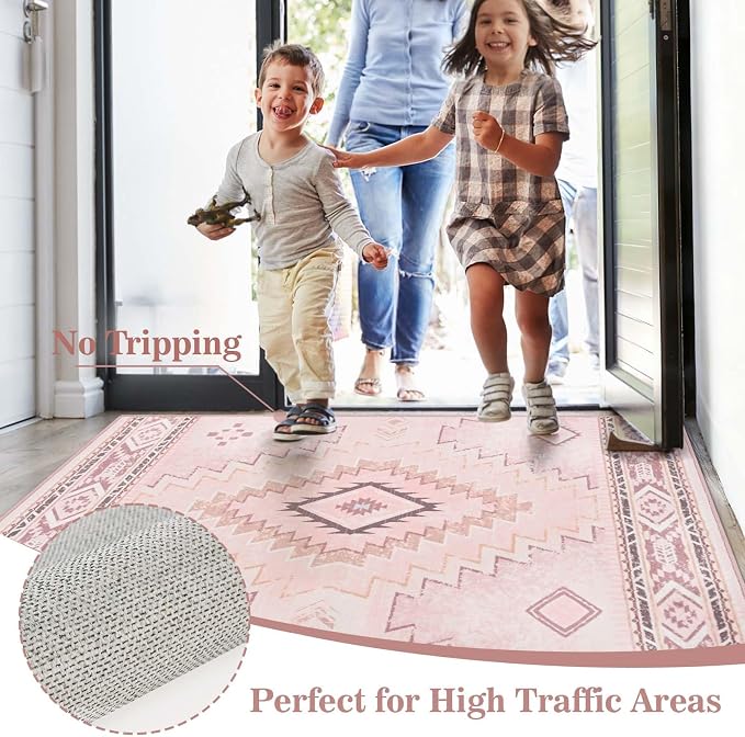 Yinhua 3x5 Pink Area Rug for Entryway, Western Washable Rug Low-Pile | Soft Moroccan Area Rugs Non-Slip with Rubber Backing, Stain Resistant Non-Shedding Carpet for Bedside Living Room