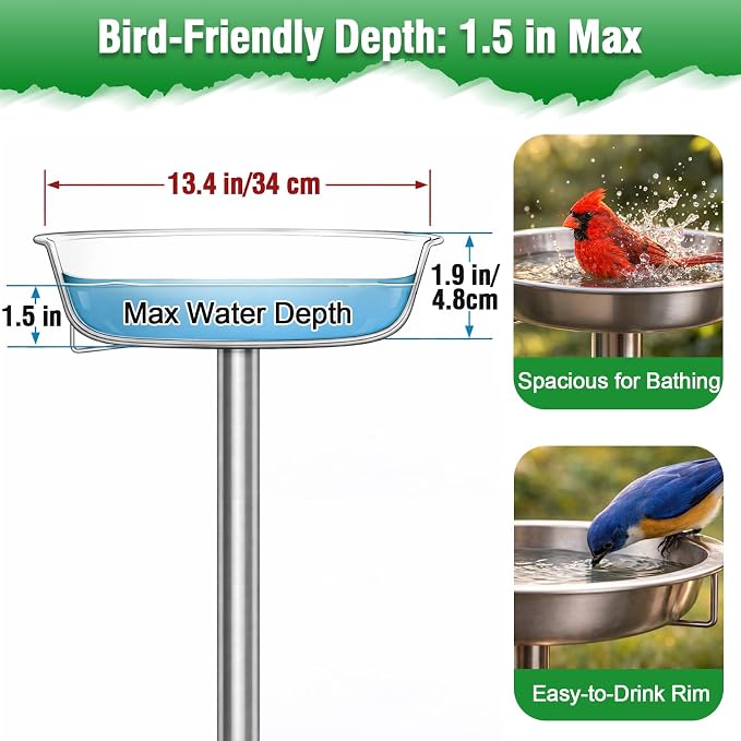 tinnmao 304 Stainless Steel Bird Bath for Outside, 40 Inch Tall Freestanding Metal Birdbath & Feeder with Removable Bowl for Garden Yard Patio Lawn