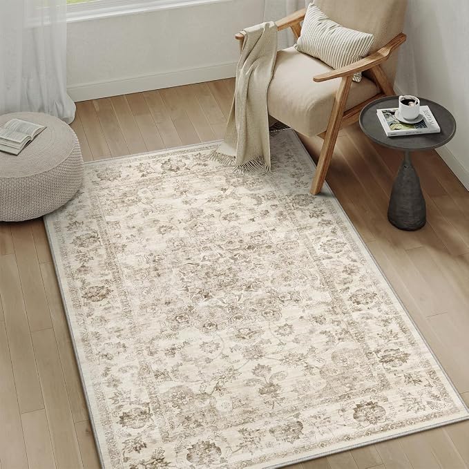 3x4 Beige Neutral Area Rug | Washable, Non Slip, Soft Low Pile, Vintage Farmhouse, for Entryway Kitchen Bathroom Living Room Bedroom Indoor Home Decor