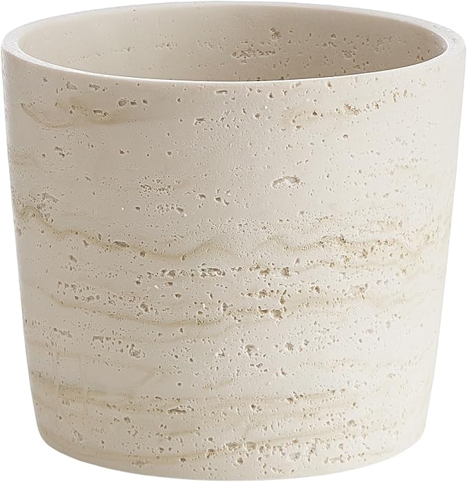 Ekirlin 7 Inch Natural Travertine Textures Plant Pot, Resin Outdoor Planter with Drainage Hole, Removable Rubber Stopper and Non-Slip Soft Pad,Weatherproof Decorative Pot for Indoor/Garden Plants