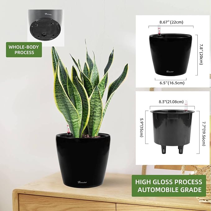 Dexceder 9x8 Self Watering Planter (Black High Gloss) | Inner Pot Design, Thickened Table Flower Plant Pot with Water Level Indicator Indoor Outdoor