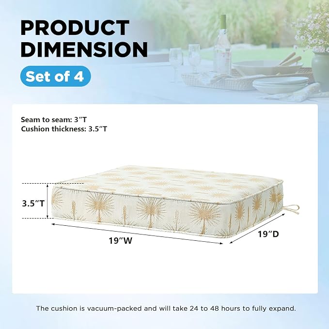 19 x 19 Inch Outdoor Chair Cushions with Tie Straps, Set of 4 Thick Water Repellent Square Patio Chair Pads for Garden Lawn Patio Furniture, Radiant Floral Brocade