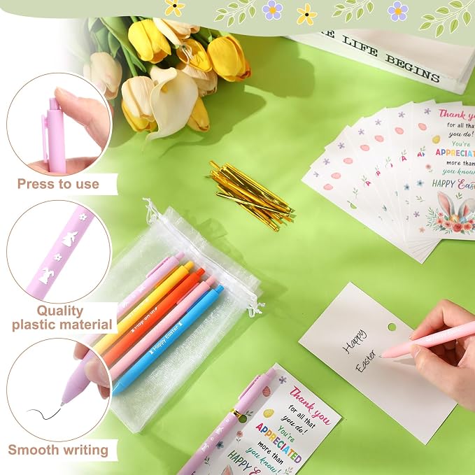 Marspark 30 Set Colorful Easter Gifts Bulk Happy Easter Ballpoint Pens and Bunny Eggs Greeting Cards with Bags Twist Ties Appreciation Gifts for Coworker Teacher Student School Office Party Favor