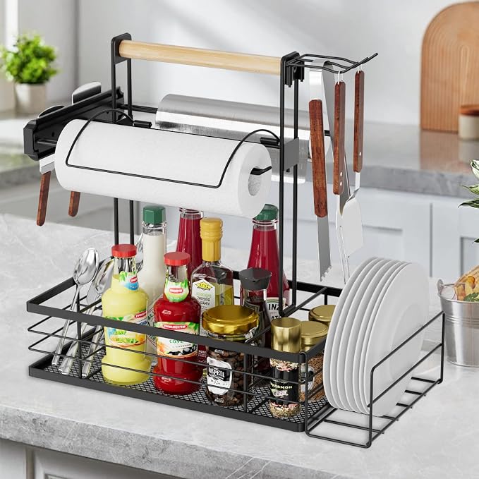 Grill Caddy with Magnetic Tool & Paper Towel Holders, Picnic Utensil Condiment Caddy, Barbecue Grill Tool Organizer for Outdoor Camping, Cooking, Camper