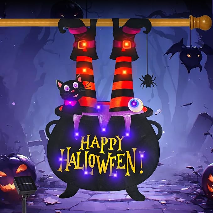 Halloween Lighted Garden Flag for Outside, Led Solar Yard Flag 8 Modes Witch Feet Shape Flag, 28x40 Double Sided Cauldron Eyeball Black Cat Decorations for Home Porch