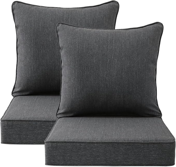 Outdoor Deep Seat & Back Cushion Set (2-Pack), 24 x 24 Inch Water Repellent and Fade Resistant Patio Furniture with Removable Cover for Outside Sofa Couch, Charcoal