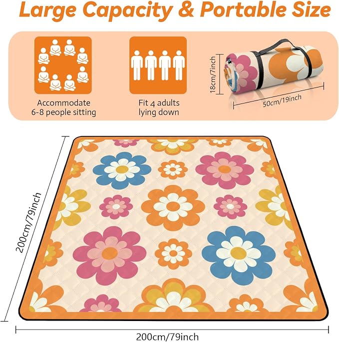 MAYJOYDIY Extra Large Picnic Blanket 79×79" Waterproof Beach Blanket with Carry Strap Foldable Travel Essential Accessories Gift for Grass Concert Park Lawn Camping Travel(Orange Flowers)
