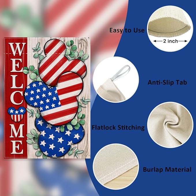 Welcome 4th of July Stars Stripes Patriotic Decorative House Flag, American USA Memorial Day Garden Yard Outside Decorations, Eucalyptus Summer Outdoor Large Home Decor Double Sided 28x40