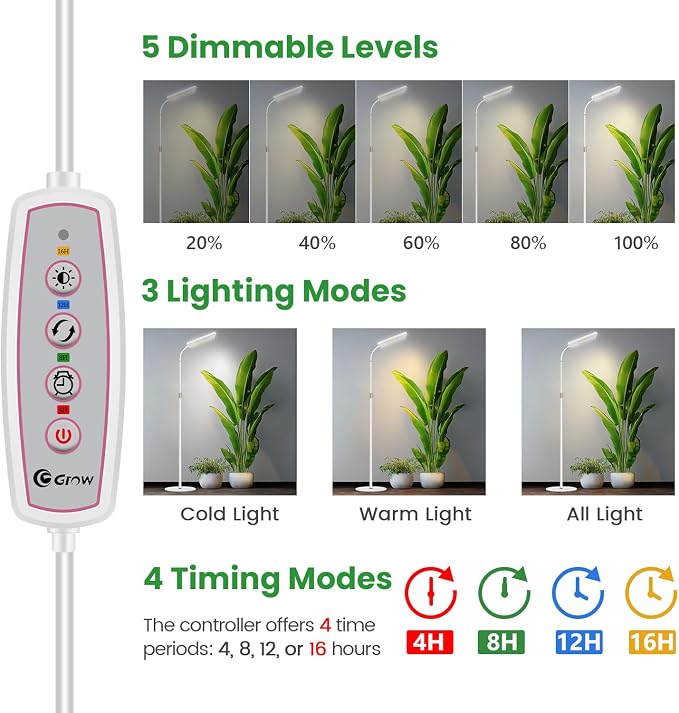 Wiaxulay Grow Lights for Indoor Plants, 153 LED Full Spectrum Plant Grow Light Floor Standing, Height Adjustable 24-68 in,4/8/12/16H Timer,3 Lighting Modes,5 Brightness for Growing Large Tall Plants