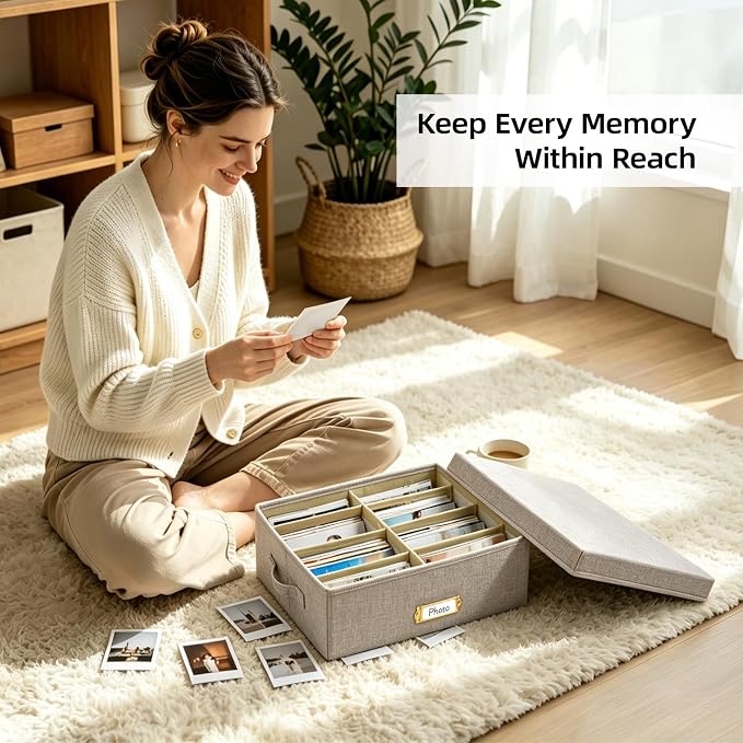 Linen Photo Storage Box with Adjustable Hook and Loop Dividers, Holds 1700 4"x6" Photos, Collapsible Picture Organizer with Handle and Label Stickers, Memory Keepsake Box for Women, Beige