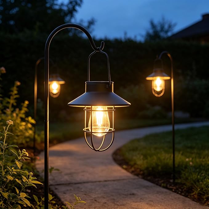 Solar Lanterns Outdoor Waterproof,4pack Hanging Solar Lights Lantern Lamp with Shepherd Hook, Metal Waterproof Edison Bulb Lights for Garden Outdoor Pathway