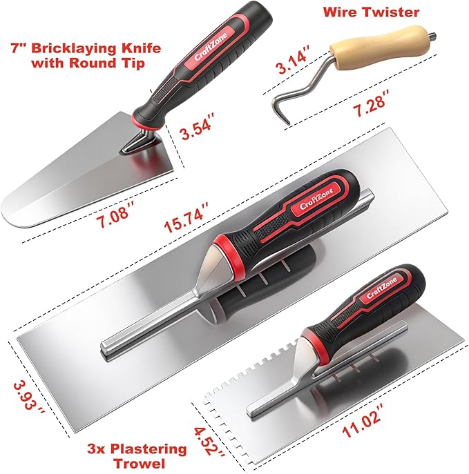 9 Pcs Masonry Hand Tool Set Concrete Trowel Set Includes Large Flat Finishing Wood Float Concrete Edger and Groover Wire Twister Margin Gauging in a Tools Bag