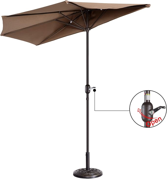 Half Patio Umbrella - 9ft Outdoor Patio Canopy with Easy Hand Crank - Condo, Townhouse, or Balcony Furniture by Villacera (Brown)