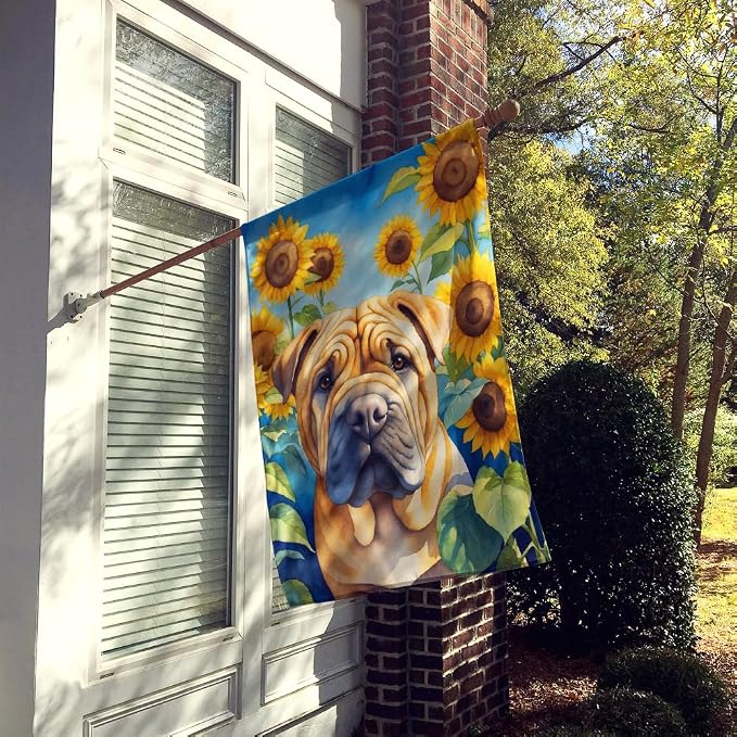 Caroline's Treasures DAC6159CHF Shar Pei in Sunflowers House Flag Large Porch Sleeve Pole Decorative Outside Yard Banner Artwork Wall Hanging, Polyester, House Size, Multicolor
