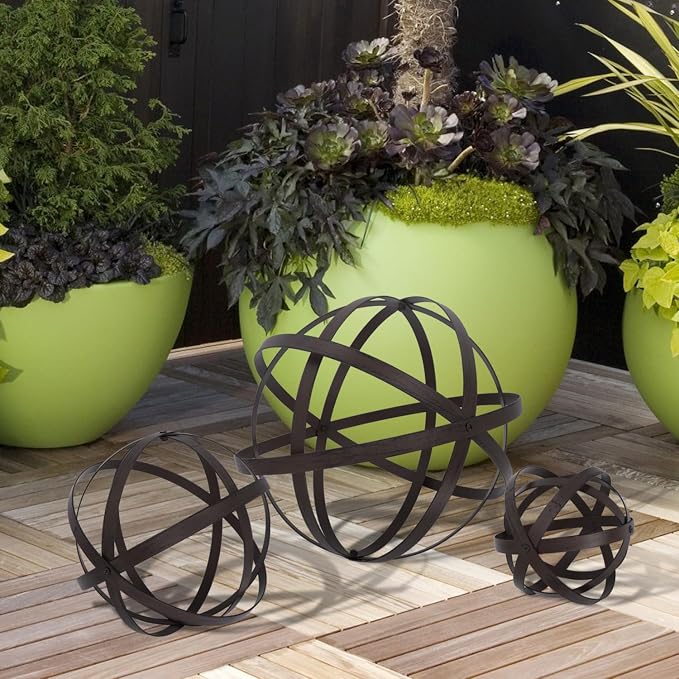 Kunjocy 3 PCS Garden Spheres Balls Assorted Size Distressed Metal Band Decorative Sphere Folding Orbs Sculpture for Outdoor Indoor Decorations 7" 10" 12" Diameter (Rusty)