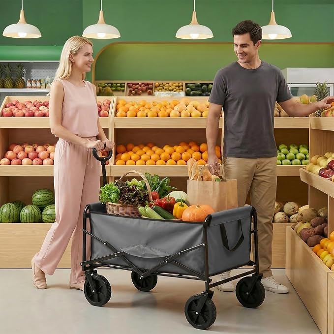 NEWBULIG Collapsible Wagon Cart, 102L Standard, Portable Heavy Duty Pull Cart with Lockable Wheels, 330 lbs Capacity, Adjustable Handle for Beach, Sports, Camping, Shopping & Garden, Gray