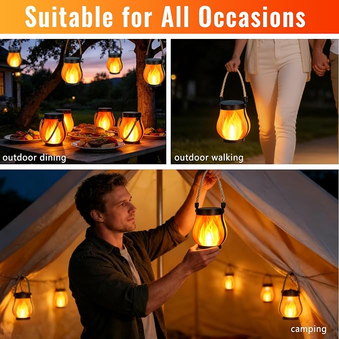 Upgraded 2 Pack Solar Lanterns, Solar Lights Outdoor, Solar Flame Lanterns, 2 Lighting Modes & Dual Charging Way USB & Solar Powered, Solar Lanterns Outdoor Waterproof for Patio Yard Porch Lawn Decor