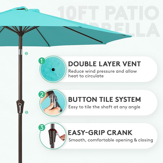 JEAREY 10FT Outdoor Patio Umbrella Outdoor Table Umbrella with Push Button Tilt and Crank, Market Umbrella 8 Sturdy Ribs UV Protection Waterproof for Pool, Garden (Turquoise)
