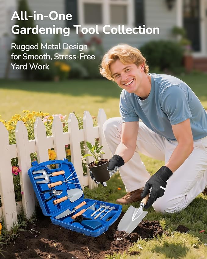 Grenebo 12-Piece Gardening Tool Set for Men, Rust-Proof & Heavy-Duty Hand Garden Tools with Sturdy Blue Carrying Case, Practical & Stylish Gardening Gifts for Men (Blue)