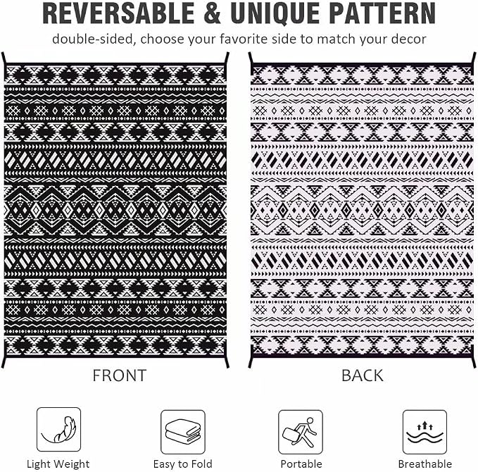 Pendolr Outdoor Rug 9’x12' for Patios Clearance Waterproof Carpet Large RV Mat Outdoor Plastic Straw Rug for Camping Reversible Outside Rug for Patio Balcony Deck Backyard Picnic Beach Black&White 02#