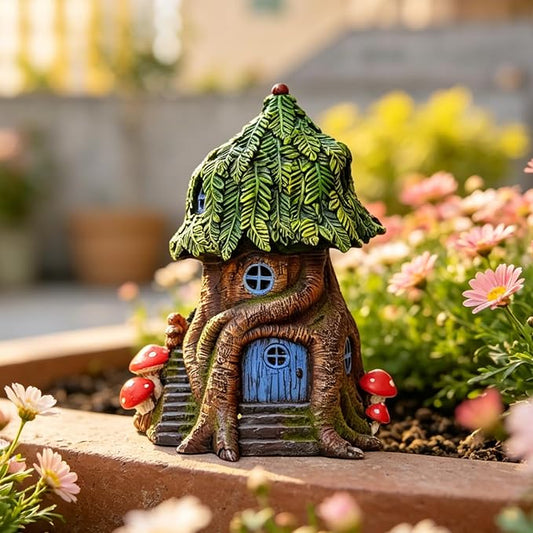 COWOS Solar Light Fairy Tree House, Fairy Garden House Statues, Tree House Figurines with Solar Light for Indoor Outdoor Art Decorations, Patio Yard Lawn Ornaments Gift