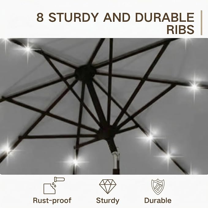 Kingdura 10FT Outdoor Patio Umbrella with Solar Lights, Market Table Umbrella with Push Button Tilt & Crank, 8 Sturdy Ribs, 32 LED Lights, UV Protection for Garden Lawn Deck Backyard Pool (Light grey)