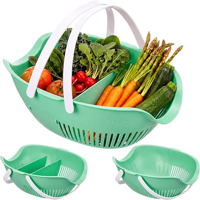 Nuogo 3 Pcs Garden Harvest Basket Removable Partitions with Tool Caddy for Collecting Carrying and Cleaning Harvesting Basket Doubles Colander for Vegetables and Fruits Garden Accessories (Sage Green)