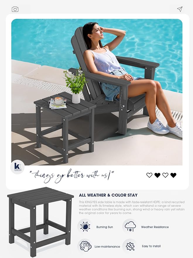 KINGYES HDPE Outdoor Side Table, Adirondack Side Table for Patio, Garden, Poolside, Grey