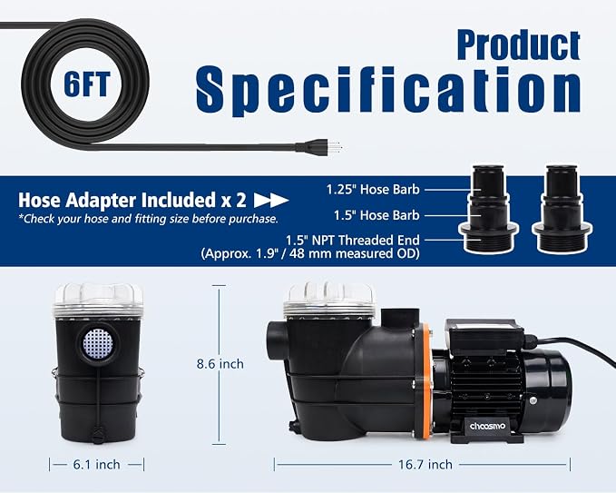 1/2 HP Above Ground Pool Pump, 3120 GPH 115V Self-Priming Sand Filter Pump Replacement with Filter Basket, High-Flow Swimming Pool Circulation Pump with 1.25/1.5 in Hose Adapters
