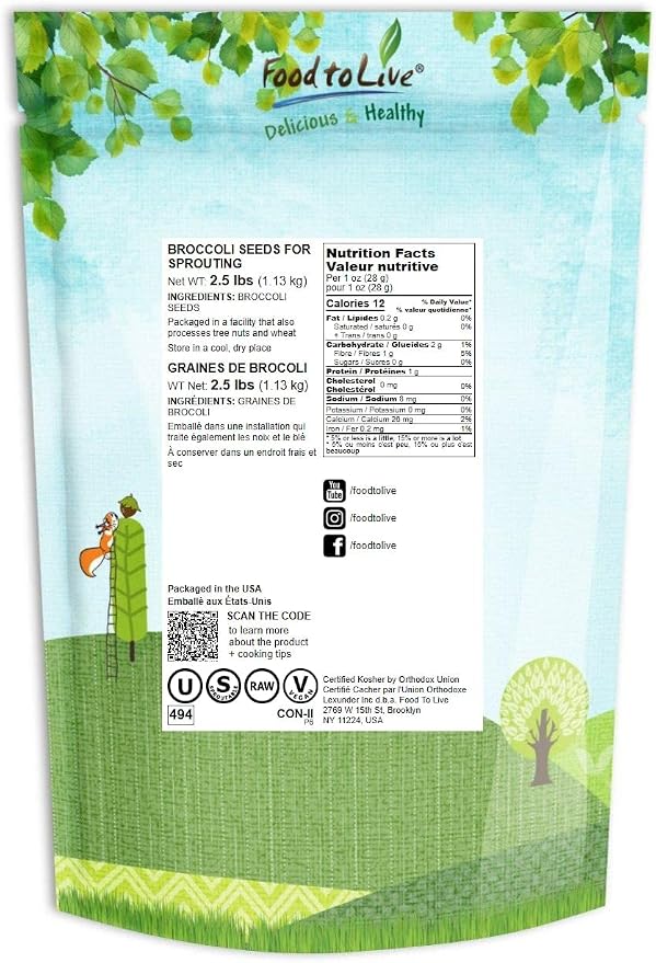 Food to Live Broccoli Seeds for Sprouting, 2.5 Pounds – Vegan, Kosher, Sirtfood, Bulk. Rich in Sulforaphane, Vitamin C, Vitamin A. Great for Growing Sprouts, Microgreens. High Germination Rate