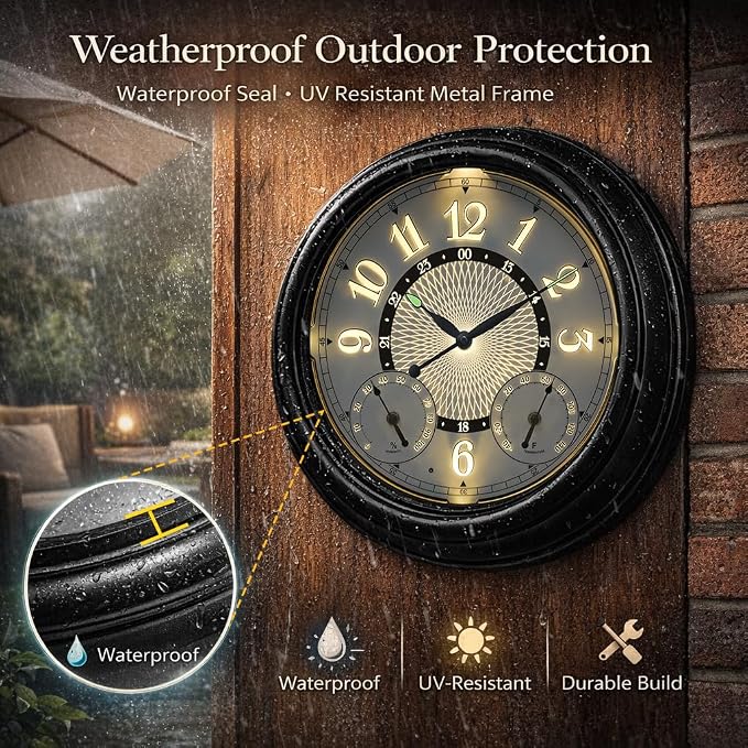 Pytha Sight Illuminated Large Metal Outdoor Clocks Waterproof 18 Inches With AI Auto Light Smart Sensor,Extra Big Indoor Outdoor Wall Clocks With Thermometer & Hygrometer for Patio, Pool, Garden,Porch