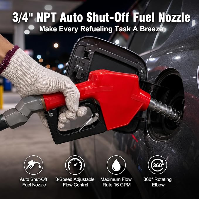 3/4" NPT Auto Shut-Off Fuel Nozzle, Gas Pump Nozzle with 3-Speed Padlock (9-16 GPM) - 360° Swivel Hose for Gasoline, Diesel, Biodiesel B20, E15 & Kerosene (RED)