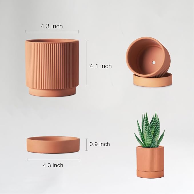 HERDUK Small Modern Terracotta Pots, 4.2 Inch Ribbed Textured Clay Planter Pots with Drainage Hole & Saucer, Garden Pots for Indoor Plants Succulent, Cacti & Fern, Set of 2
