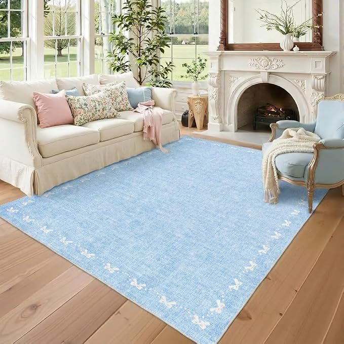 COZYLOOM 5x7 Bow Printed Washable Rug for Entryway Indoor, Modern Bordered Living Room Rug with Non Slip Backing, Stain Resistant Non Shedding Solid Color Area Rugs for Bedroom, Dining Room, Blue