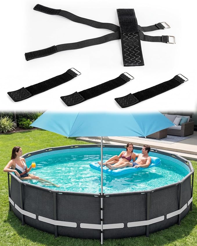 No-Drill Above-Ground Pool Umbrella Tie-Down Straps, Cross-Stabilizer Strap Design, Helps Reduce Wobble & Lean on Pool Frame Rails, Suitable for Intex/Bestway Frame Pools and Most Swimming Pools