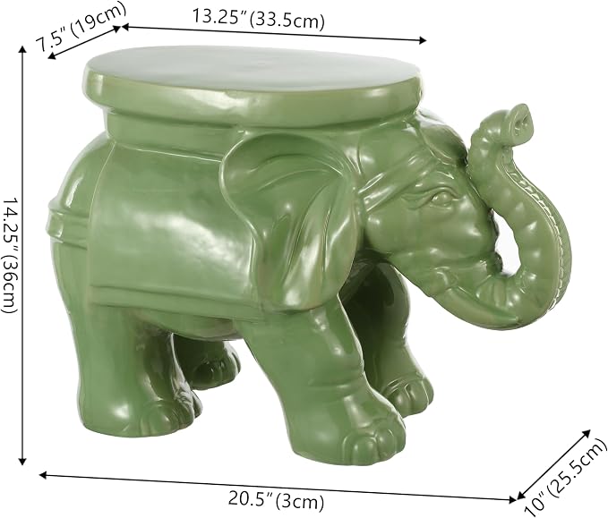 JONATHAN Y White Elephant 14.25" Glazed Ceramic Elephant Garden Stool, Weather-Resistant Indoor/Outdoor Patio Side Table and Plant Stand, Bohemian, Green TBL1007F