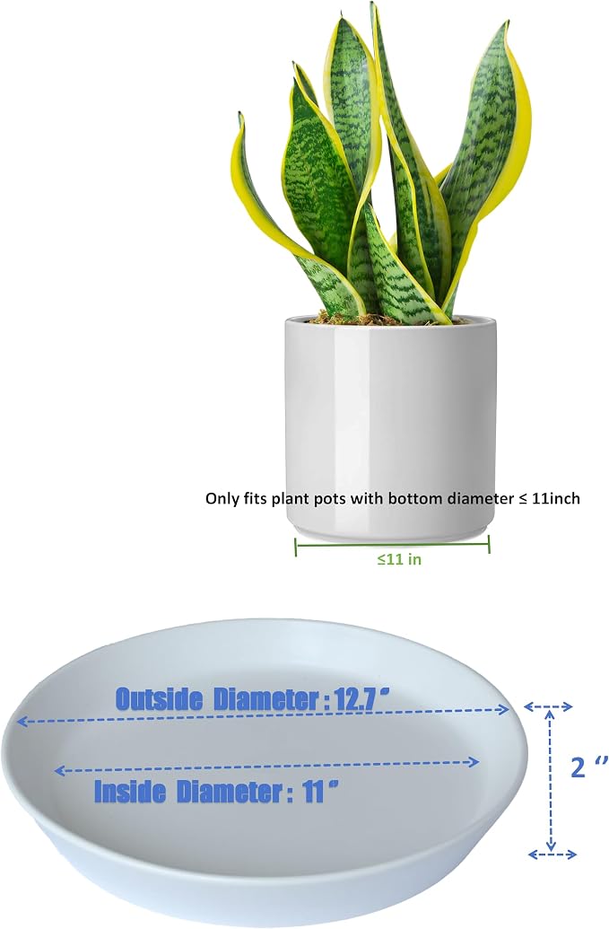 Ceramic Plant Saucer Tray 10 11 12 Inch White, 11.3" OD x9.7 ID x1.8 Deep| Round Sturdy Heavy Duty Glazed Bevel Planter Drip Flower pots with Catch Basin for Indoor Outdoor Plants