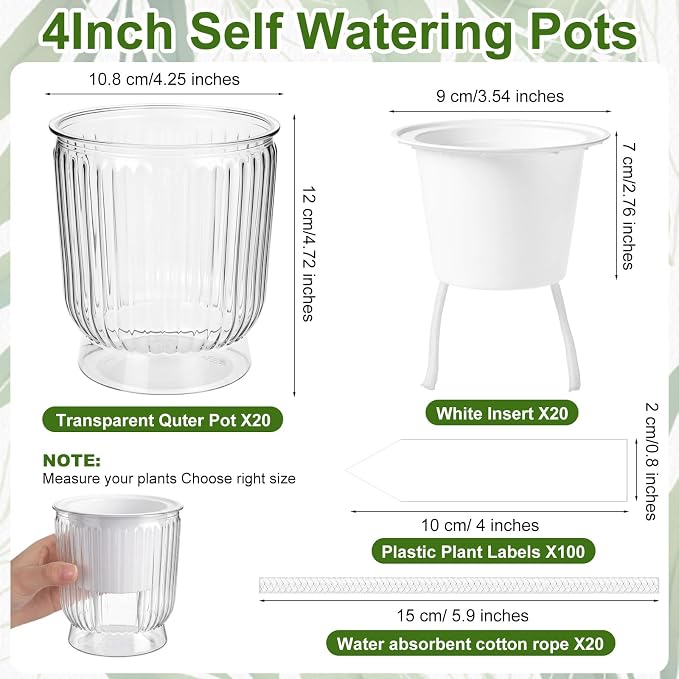 20 Sets 4 Inch Self Watering Pots Bulk Small Plant Pots with Inner Reservoir, Clear Self Watering Wick Planter Plastic Plant Labels for Indoor Succulents Herbs Flowers Pothos