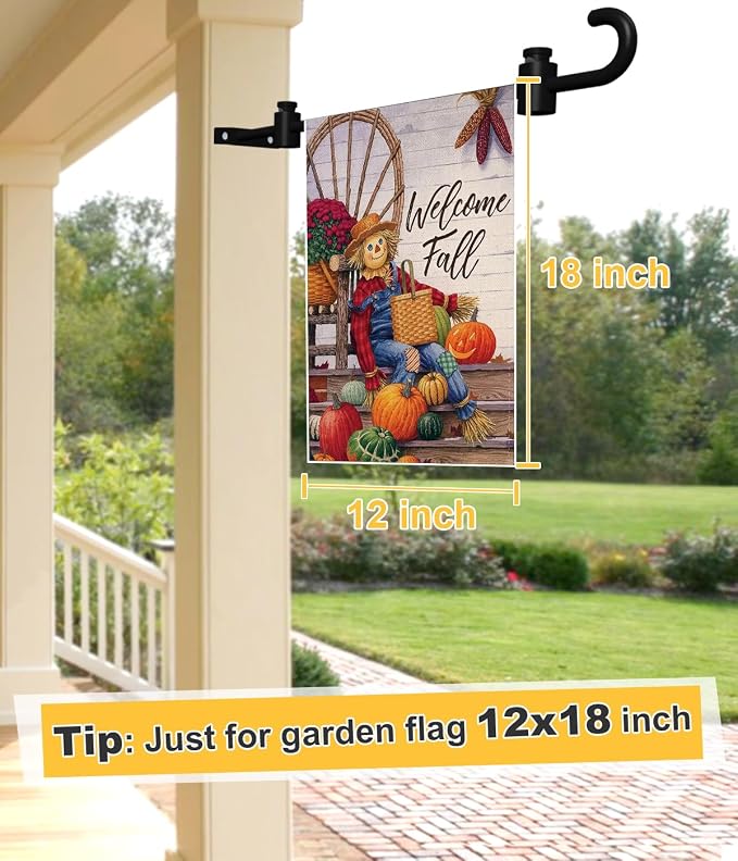 Koutemie Wall Garden Flag Stand Holder Pole with 2 Stoppers for 12 x 18 Outside Small Flags Décor, One Piece Wall Mounted Metal Garden Flag Scroll Hanger for Mailbox Post, Black