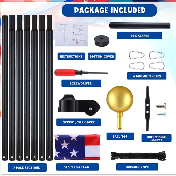 FuWeave Flag Poles for Outside House in Ground 25 ft Sectional Flag Pole Kit Extra Thick 16 Gauge Heavy Duty Aluminum Flag Pole with Gold Ball Top for Residential or Commercial(Black)