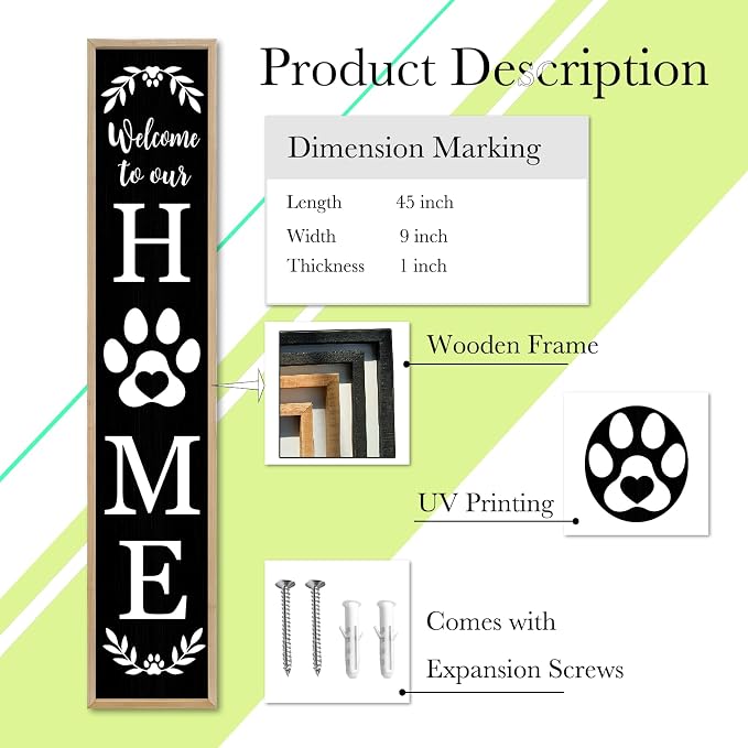 Standing Front Porch for Welcome To Our Home Sign 45"X9" Tall Vertical Leaner Paw Print Outdoor Front Door Wood Framed Decor (Wood Black)