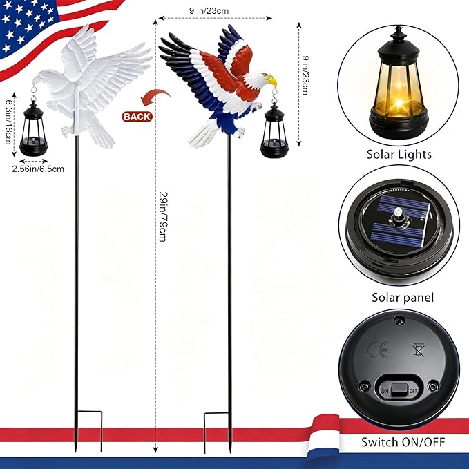 4th of July Decorations 250th anniversary 2 Pack Bald Eagle Solar Garden Lights Outdoor Waterproof, Gifts for Family and Friends, Stake Lights with Solar Lanterns, Yard Art Outside Patio Garden Decor