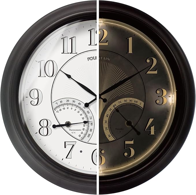 18 Inch Illuminated in/Outdoor Clock with Smart Sensor and Night Light, Waterproof, Large Wall Clock with Thermometer & Hygrometer for Patio,Pool and Garden Decor,Oil Rubbed Bronze