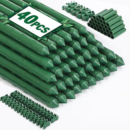 Garden Stakes 40 Pack, 16 Inch Plastic Coated Metal Tomato Stakes, DIY 4ft 5ft 6ft 7ft Plant Support Stakes with 28 Connectors 28 Rotatable Clips 28 Plant Clips for Indoor Outdoor Vegetables
