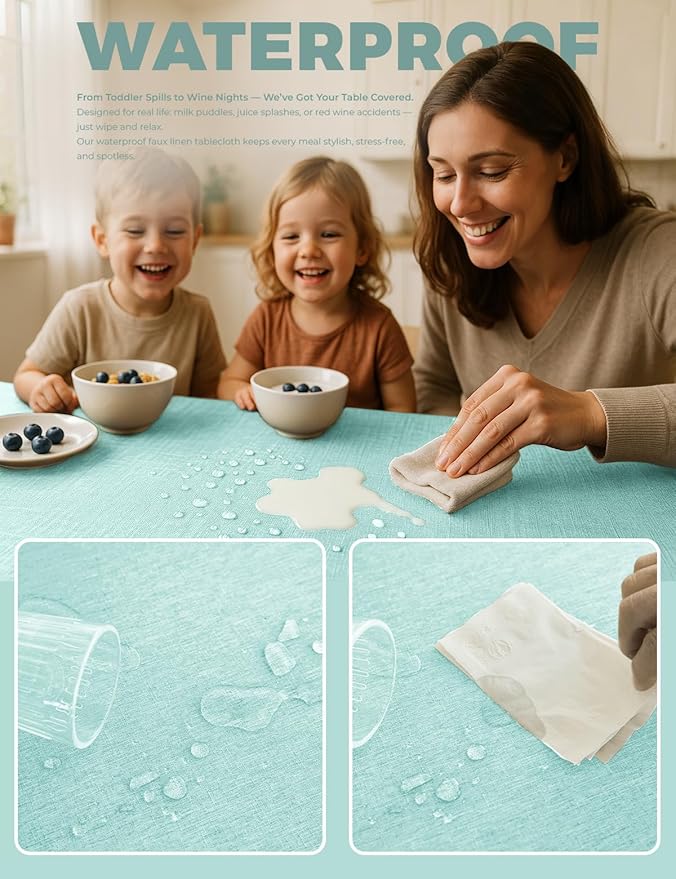 Decorelia Faux Linen Farmhouse Table Cloth 60"x104" for 6 ft Rectangle Table, Aqua Waterproof Outdoor Washable Cloth Tablecloth for Rectangular Dining Room Kitchen Outdoor Party Restaurant Decor